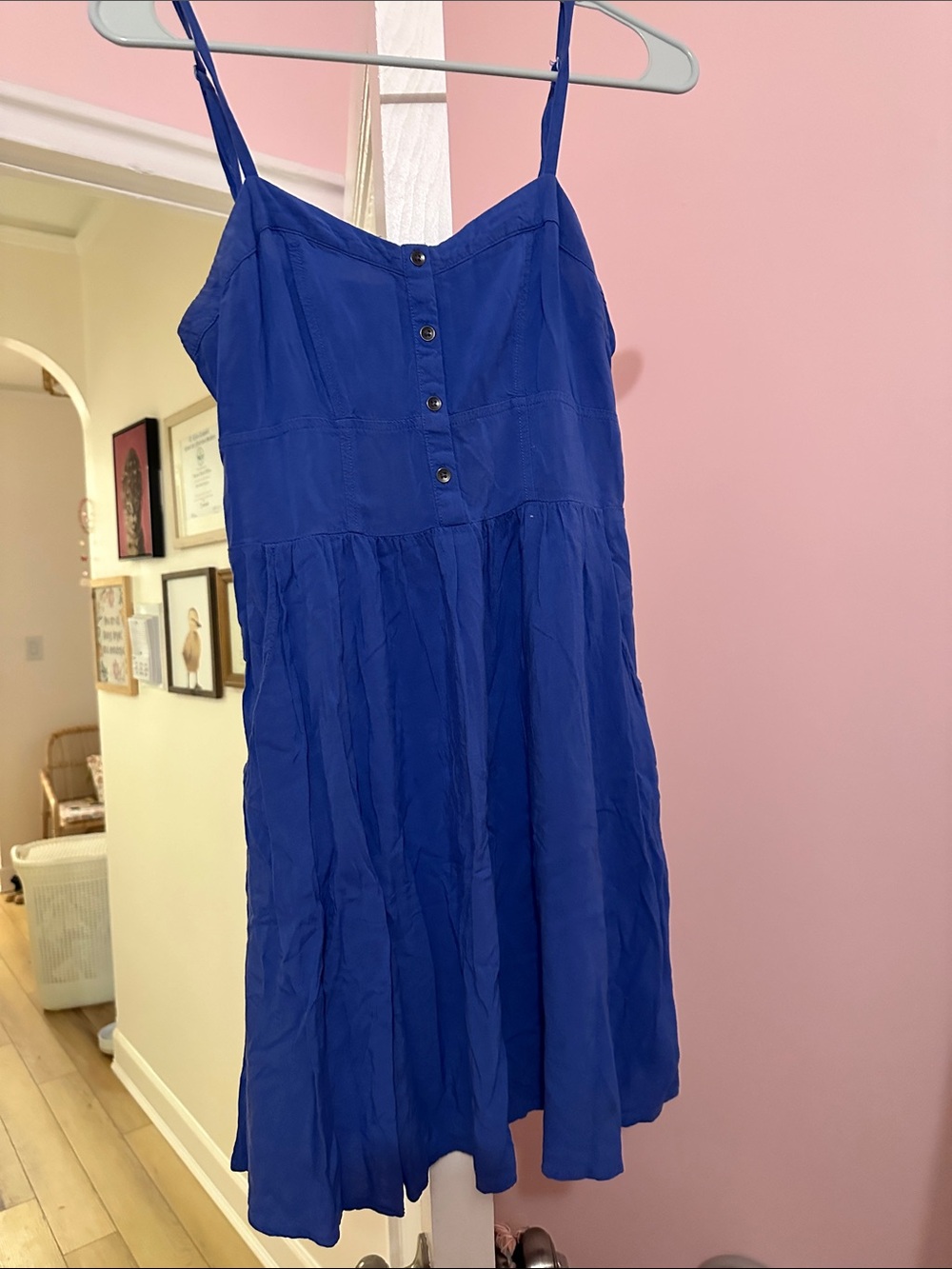 Express Royal Blue Spaghetti-Strap Mini Dress with Button Front